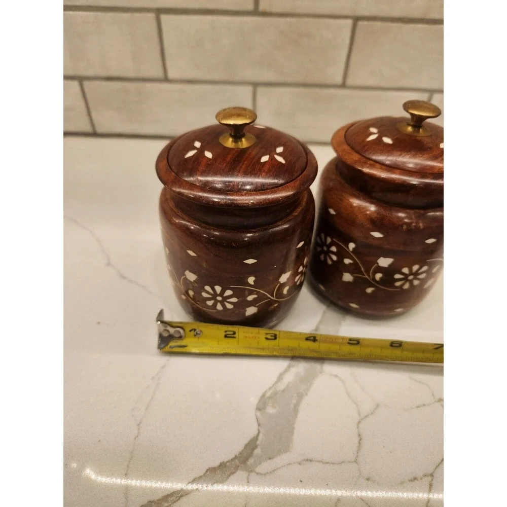 Wooden Kitchen Storage Flower Canister Jars with Lid for Snacks,‎ Food Set Of 2